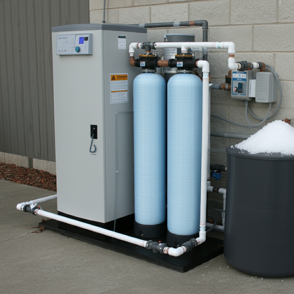 A salt-based water softener with a brine tank