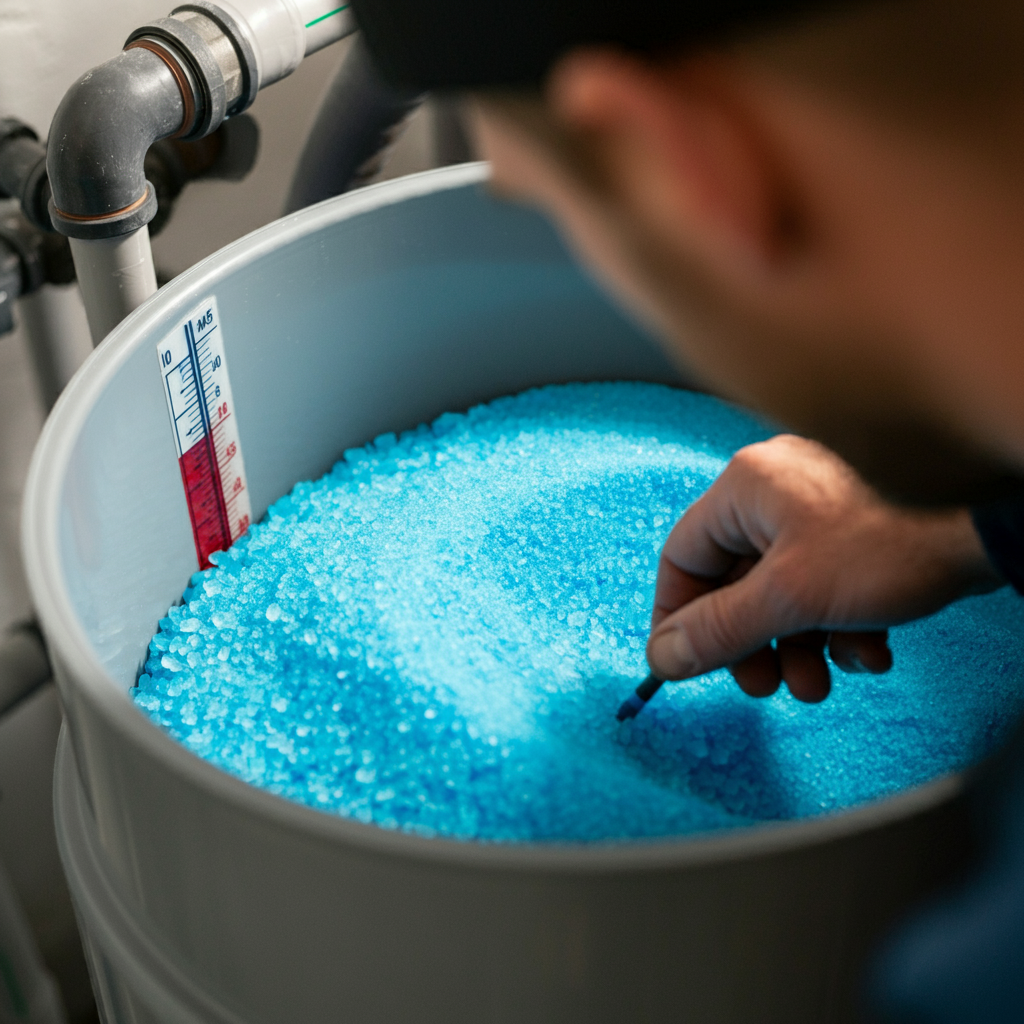 Checking water softener salt level in brine tank