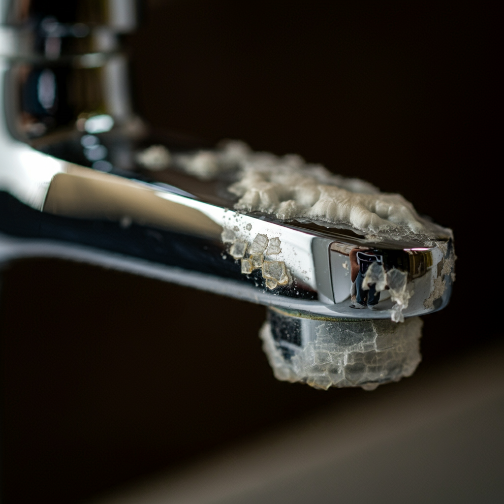 Hard water scale buildup on a faucet, a common problem solved by water softeners