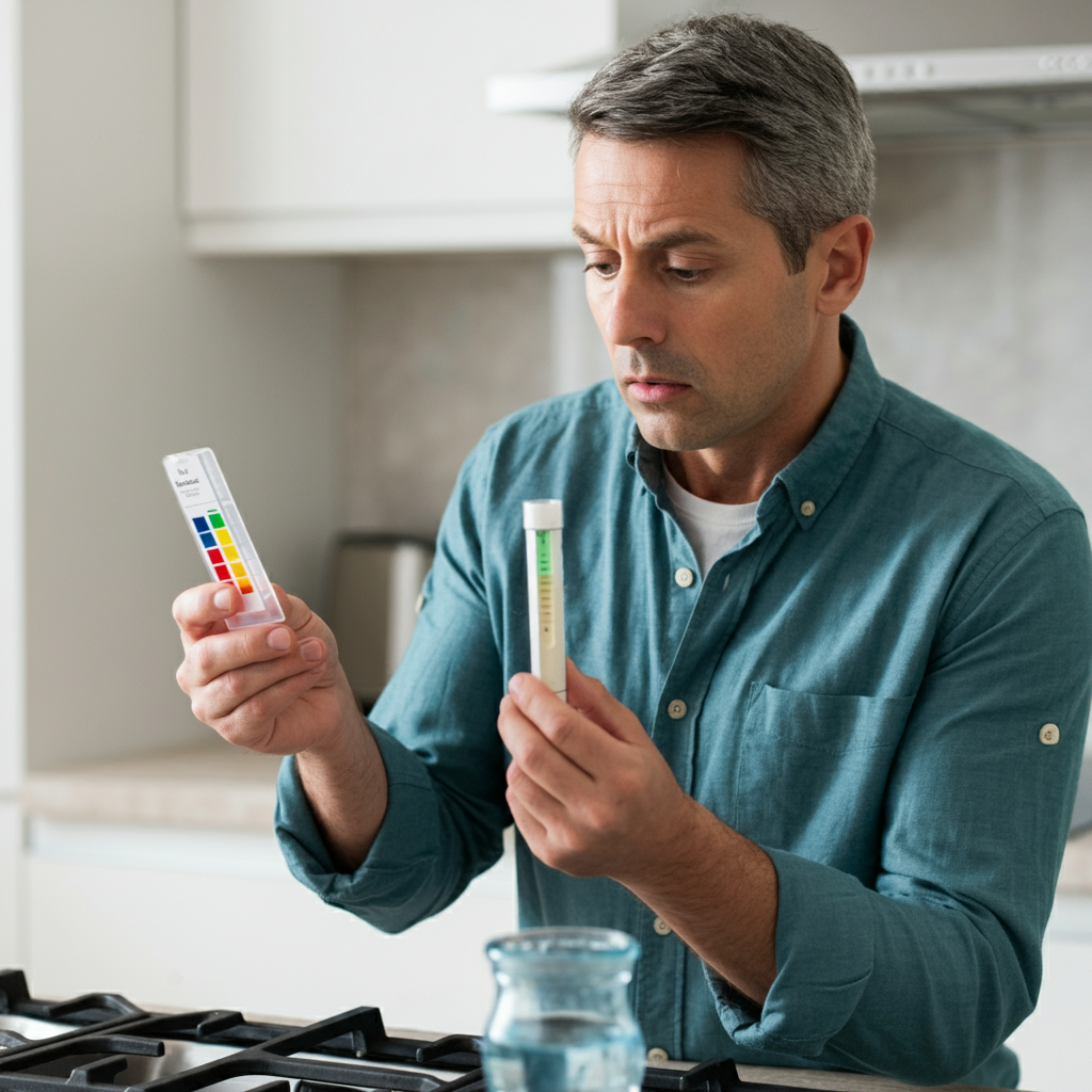 Homeowner using a water hardness test kit to determine the level of minerals in their water