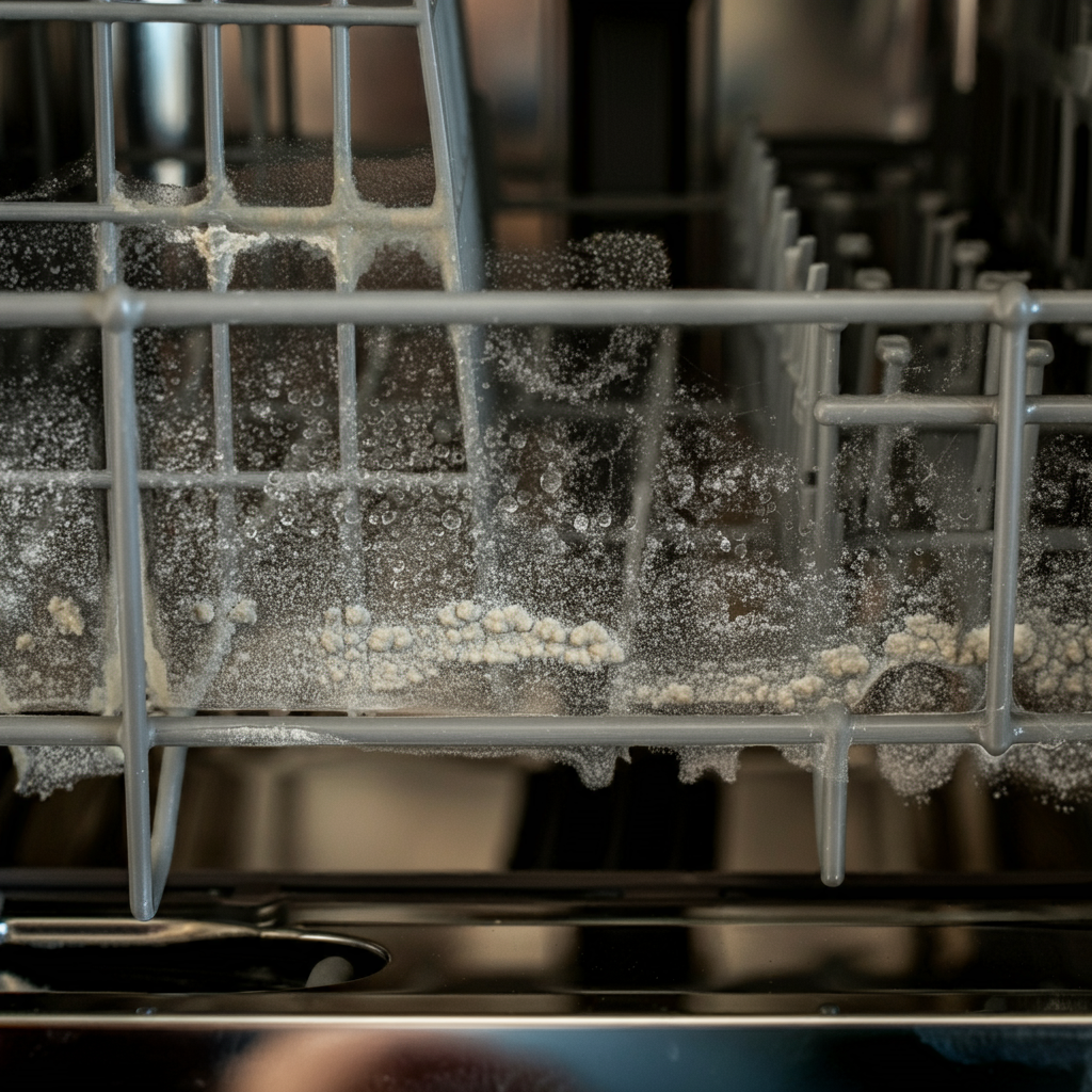 Limescale buildup in dishwasher from hard water