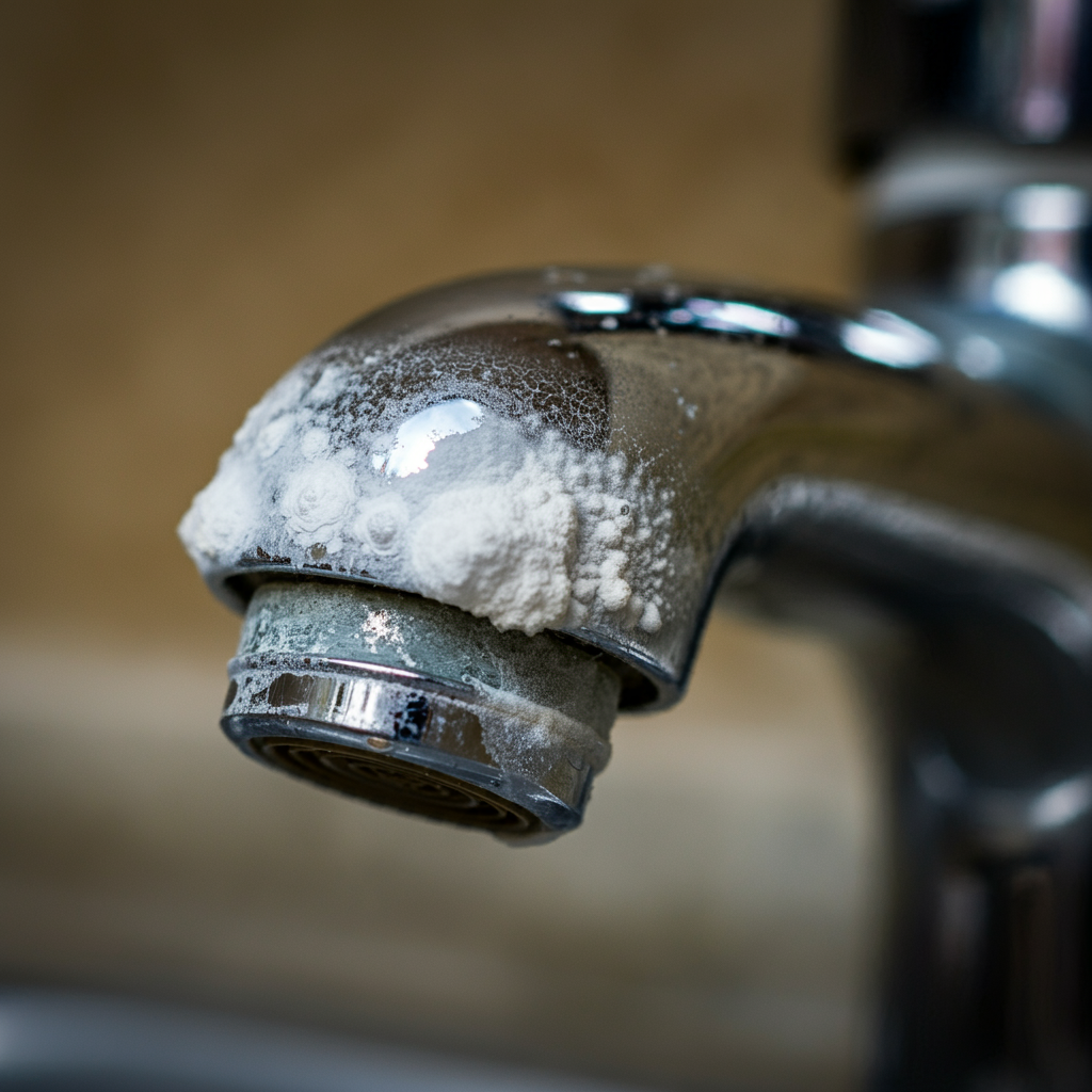 Limescale buildup on a faucet caused by hard water