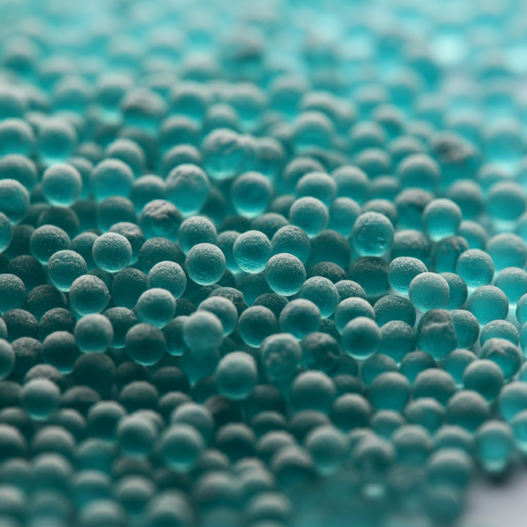 Microscopic view of resin beads used in water softeners to remove hard water minerals