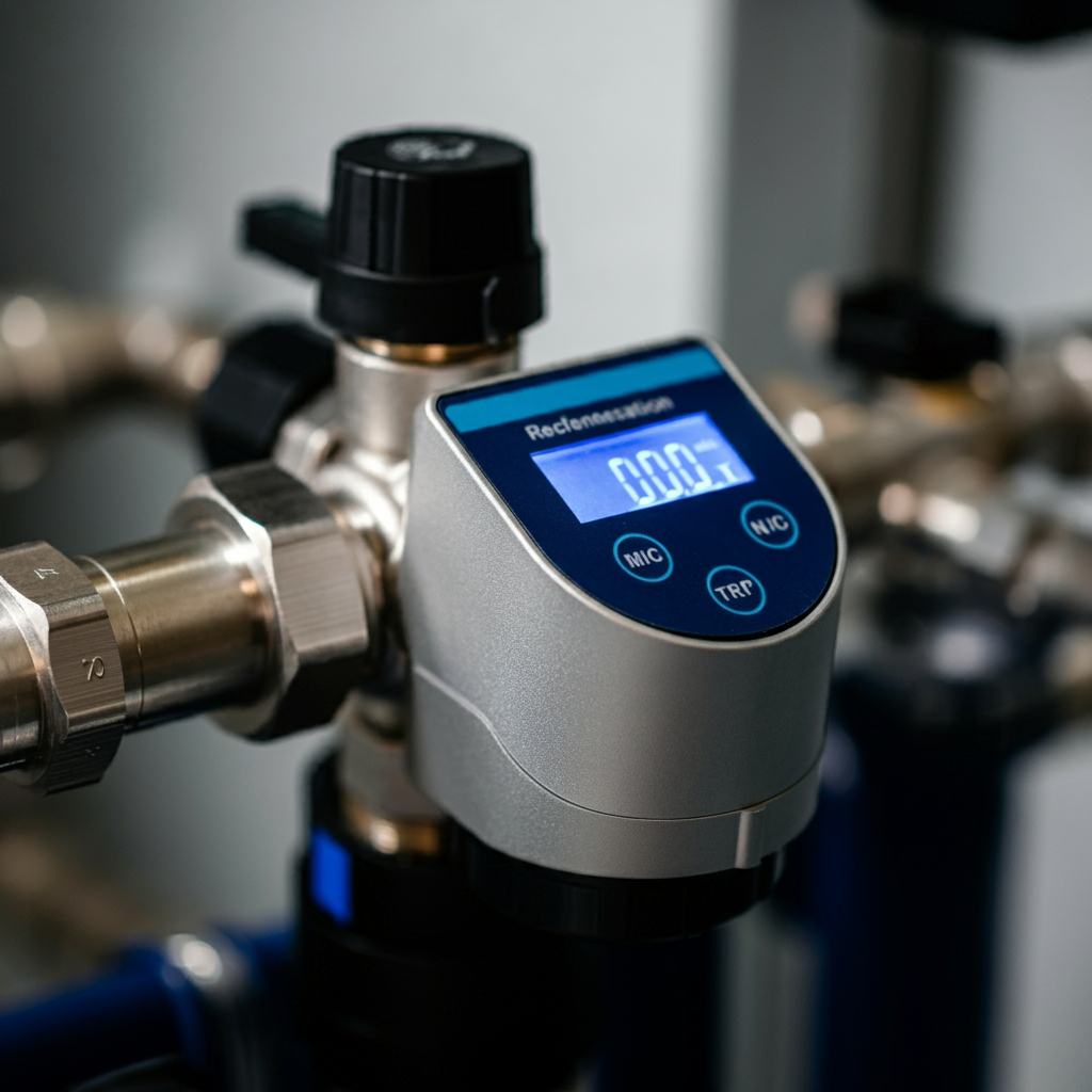 Modern digital control valve for setting water softener regeneration frequency