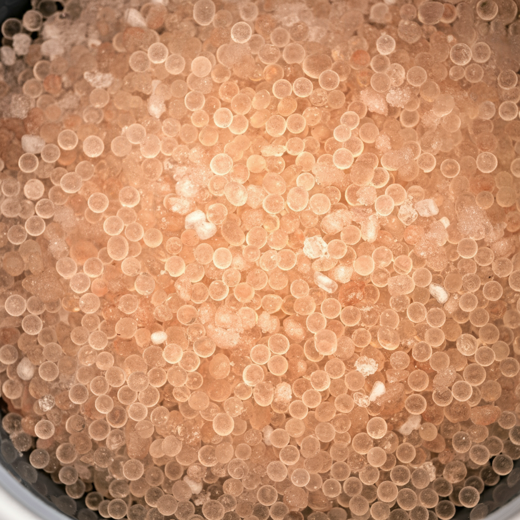 Resin beads used in a salt-based water softener for ion exchange