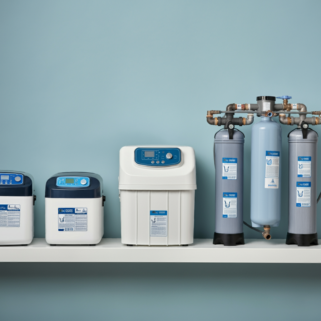 Various water softener models with different capacities based on household water usage